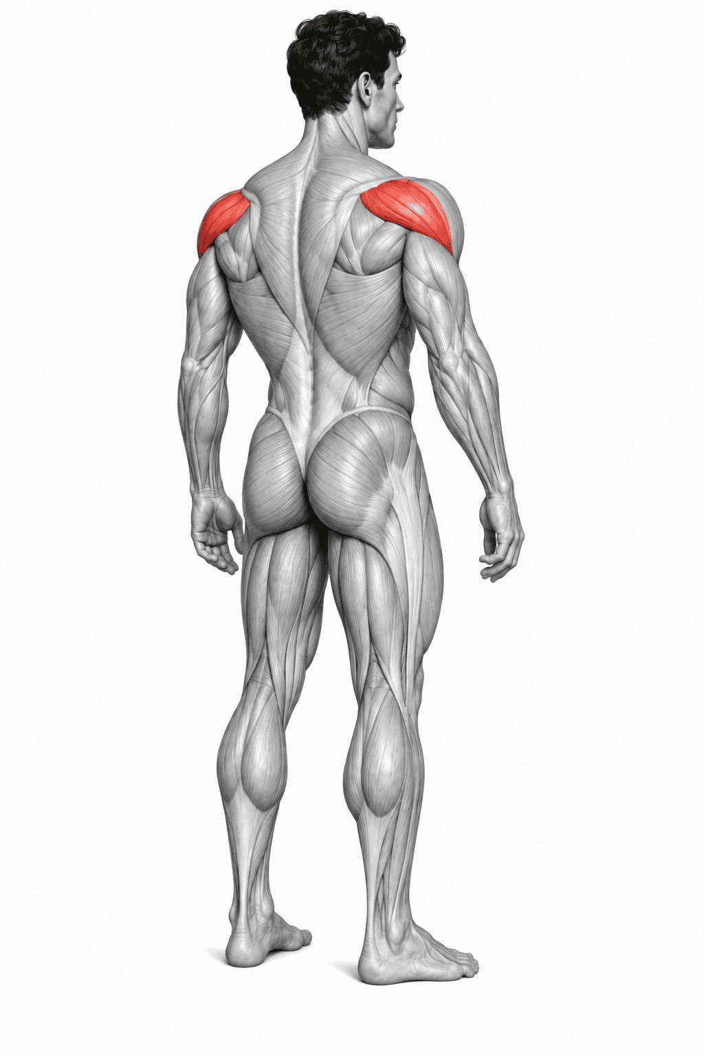 An illustration of a human muscular system viewed from the back, highlighting the deltoid muscles in red.