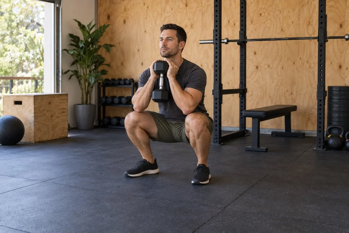Man performing a dumbbell goblet squat in a garage home gym.