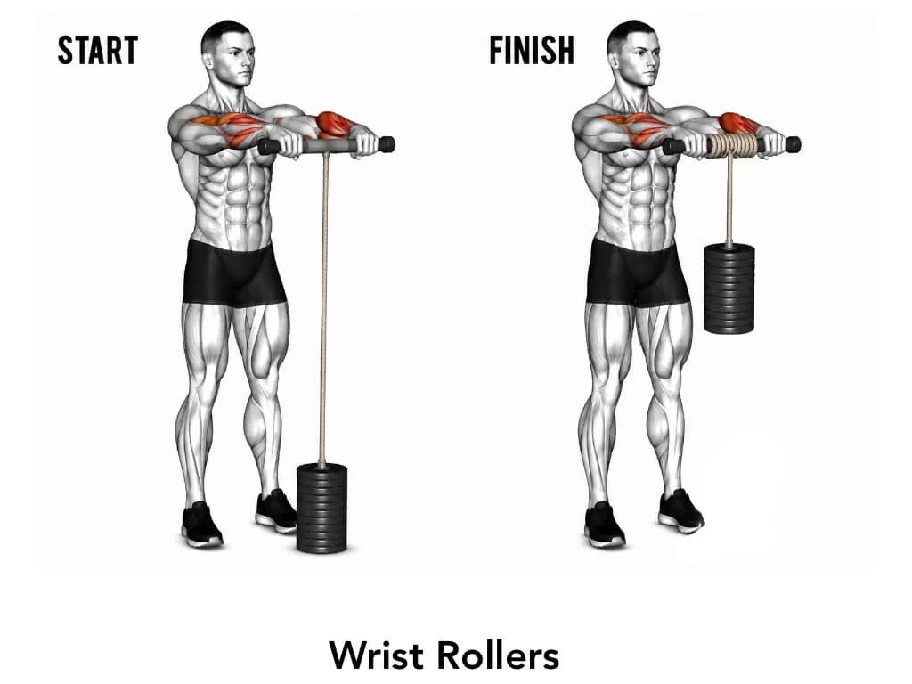 A muscular man demonstrating the starting and ending positions of wrist roller exercises. Starts with the wrist roller at waist height, pulling the handle with arms extended, then finishes raising a weight attached by a rope to the roller, lifting it overhead.
