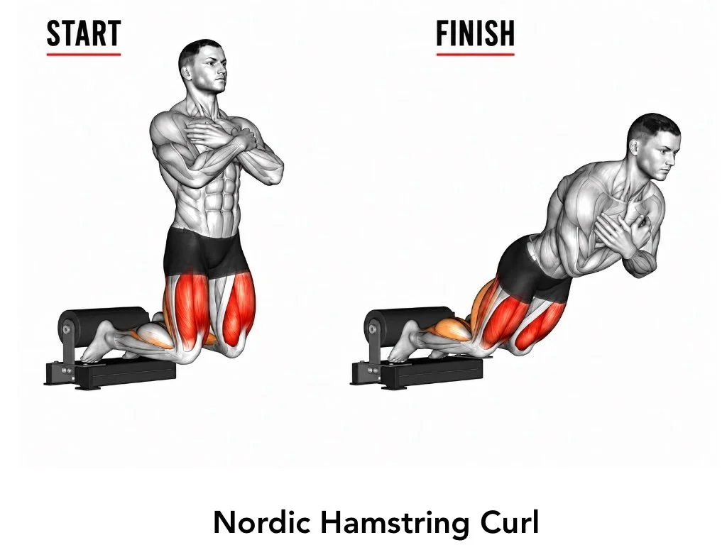 Illustration of a man performing a Nordic hamstring curl from start to finish, highlighting engaged hamstring muscles.