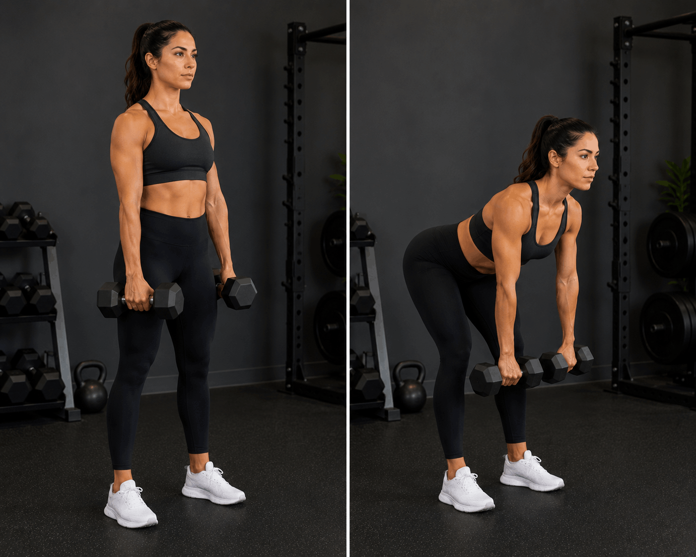A woman performing a Romanian deadlift exercise with dumbbells in a gym, wearing black athletic wear and white sneakers.