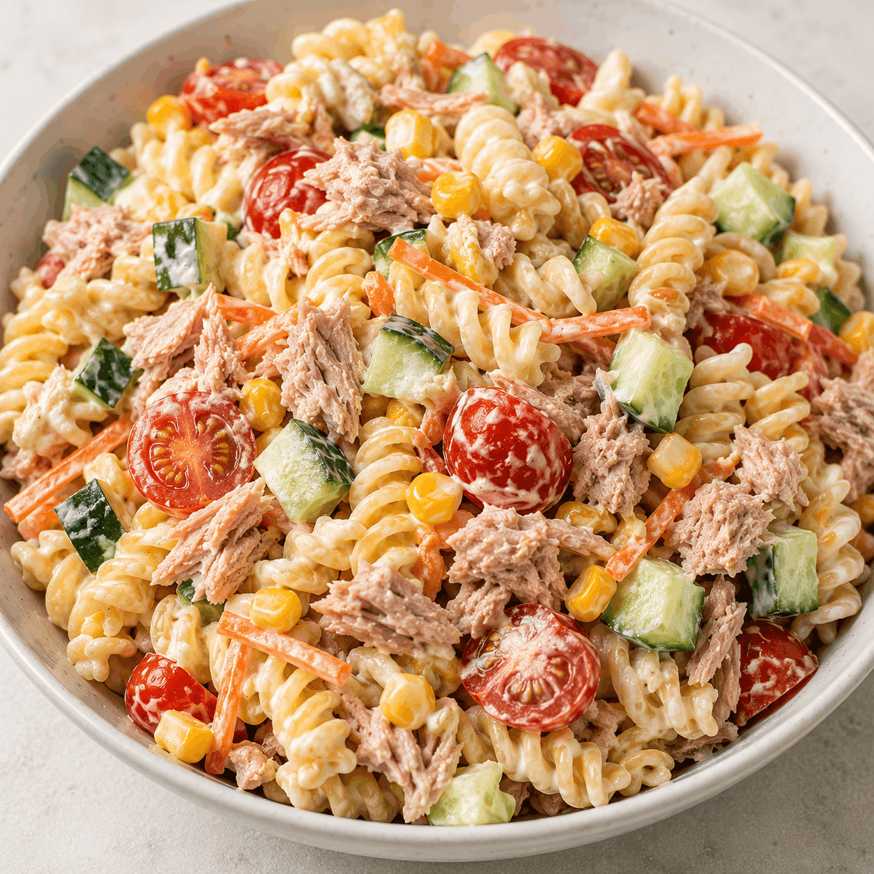 Tuna pasta salad with fresh vegetables served as a healthy high-protein meal.