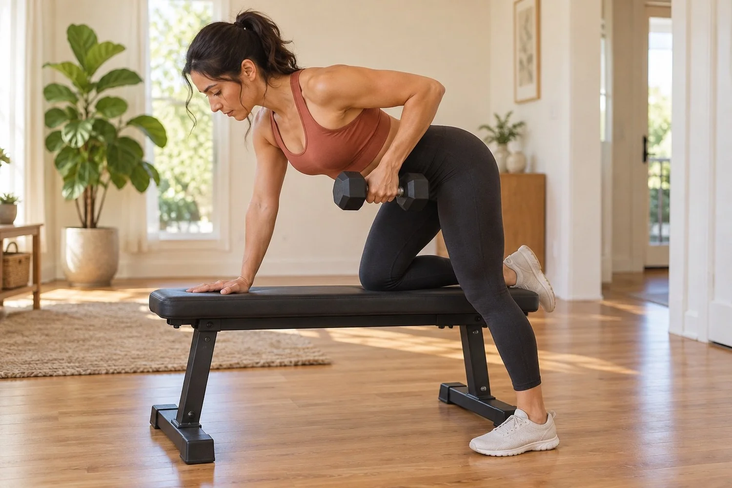 Woman performing a one-arm dumbbell row with one hand and knee supported on a flat bench