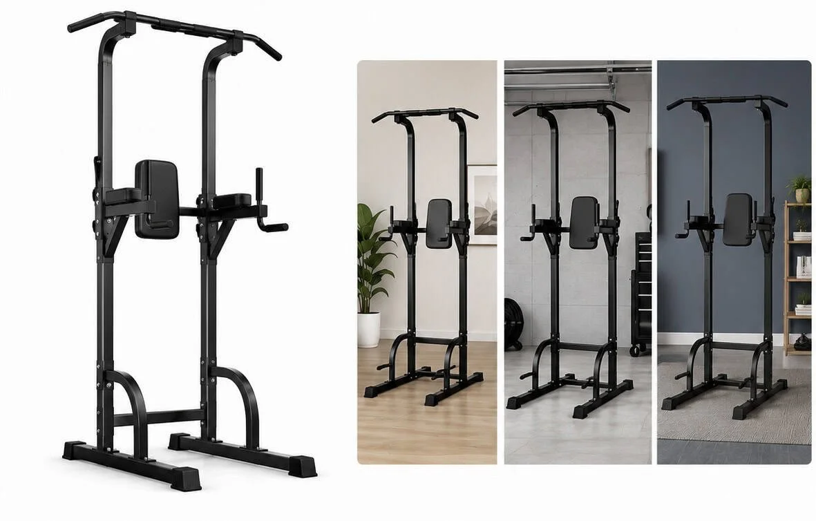 A multi-image collage of a black power tower fitness equipment for pull-ups and dips, shown in various indoor settings.