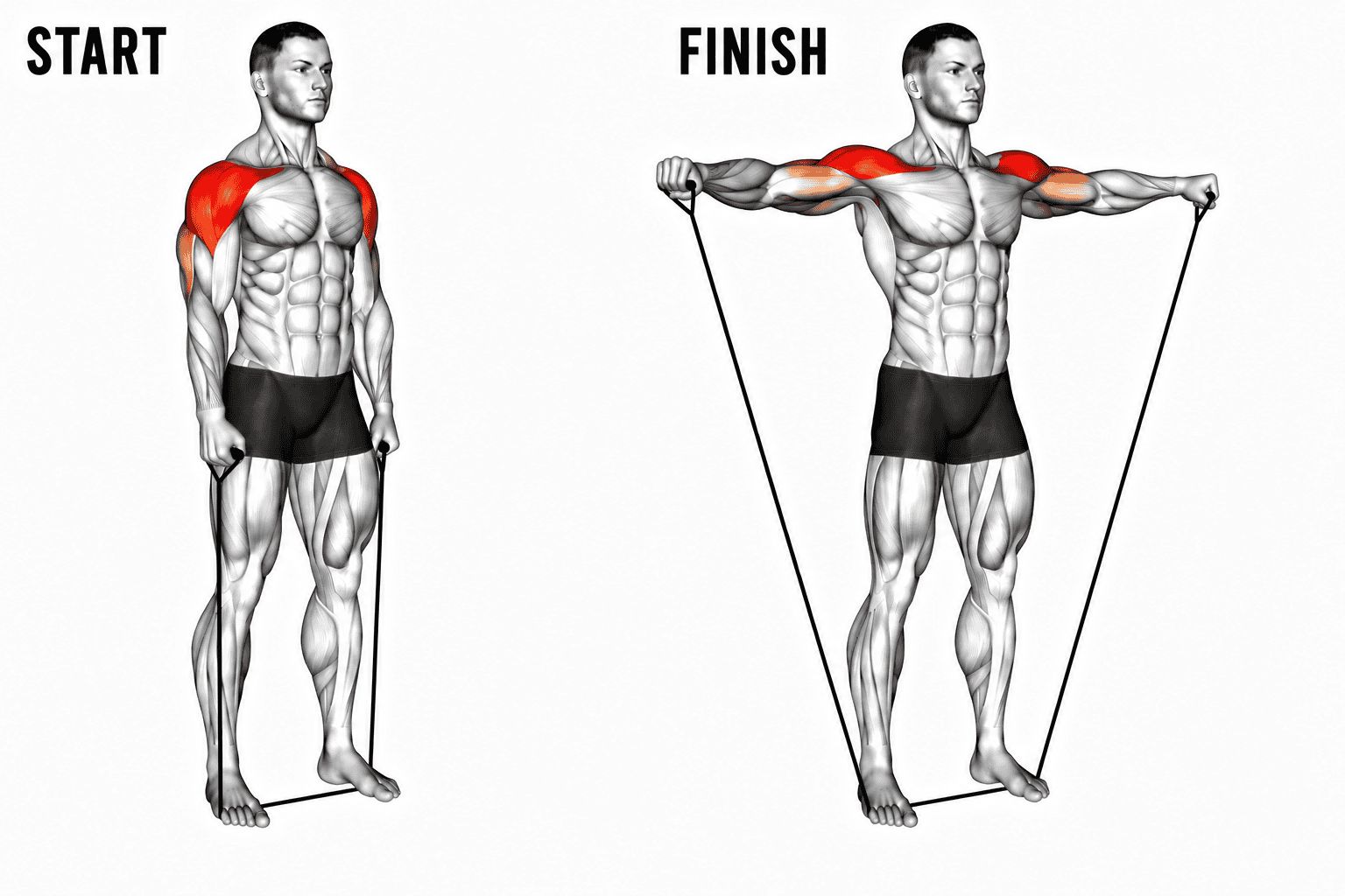 A diagram showing a man performing a banded lateral raise, starting with his arms at his sides and finishing with his arms extended outward holding resistance bands, targeting the shoulder muscles.