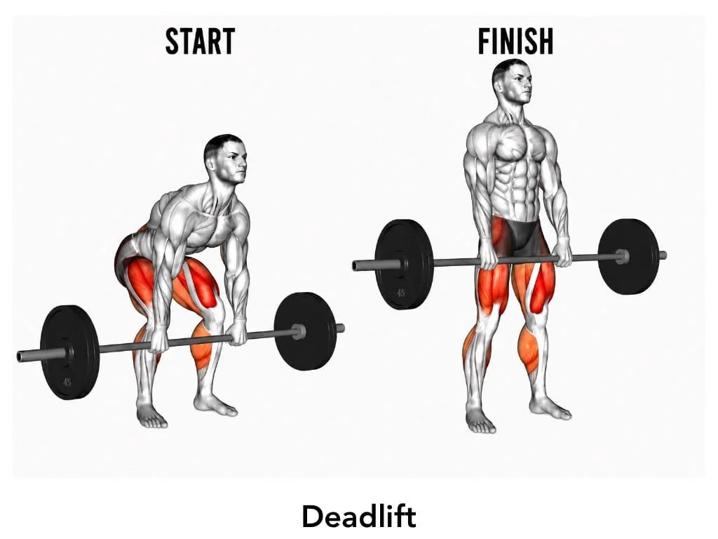Diagram of a deadlift exercise showing a man's muscles engaged, starting with a squat position and finishing standing upright holding a barbell.