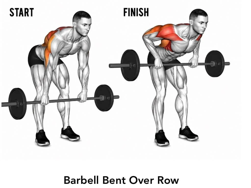 Illustration of a man performing a barbell bent-over row exercise, showing start and finish positions with muscle activation in back and arms.