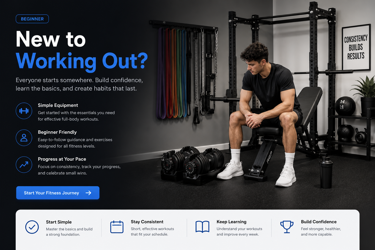 A young man sitting on a workout bench in a home gym, surrounded by various fitness equipment such as dumbbells, resistance bands, kettlebells, and a wall sign that says 'Consistency Builds Results.' The gym has black and gray walls and a neatly organized space.