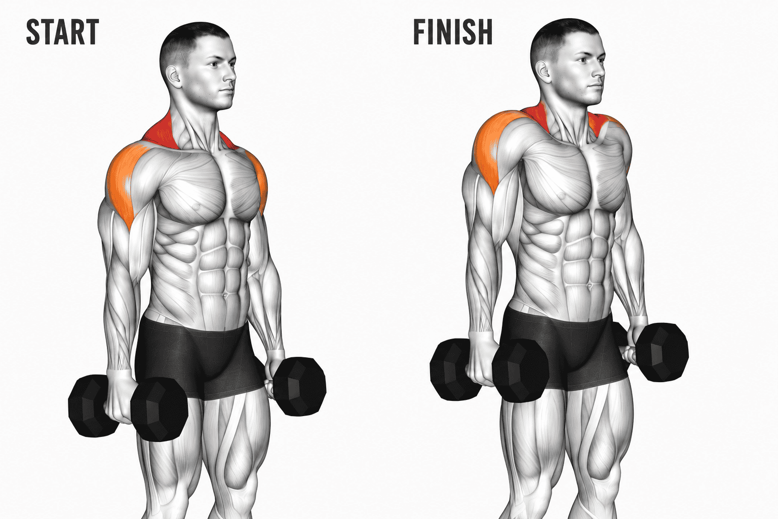 Illustration of a man performing a shrugs with dumbbells, showing the muscle groups activated from start to finish, with the shoulder muscles highlighted in orange.