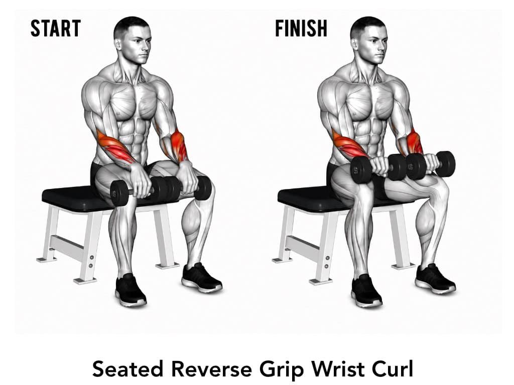 Diagram showing the beginning and ending positions of a seated reverse grip wrist curl exercise with a dumbbell, focusing on forearm muscle engagement