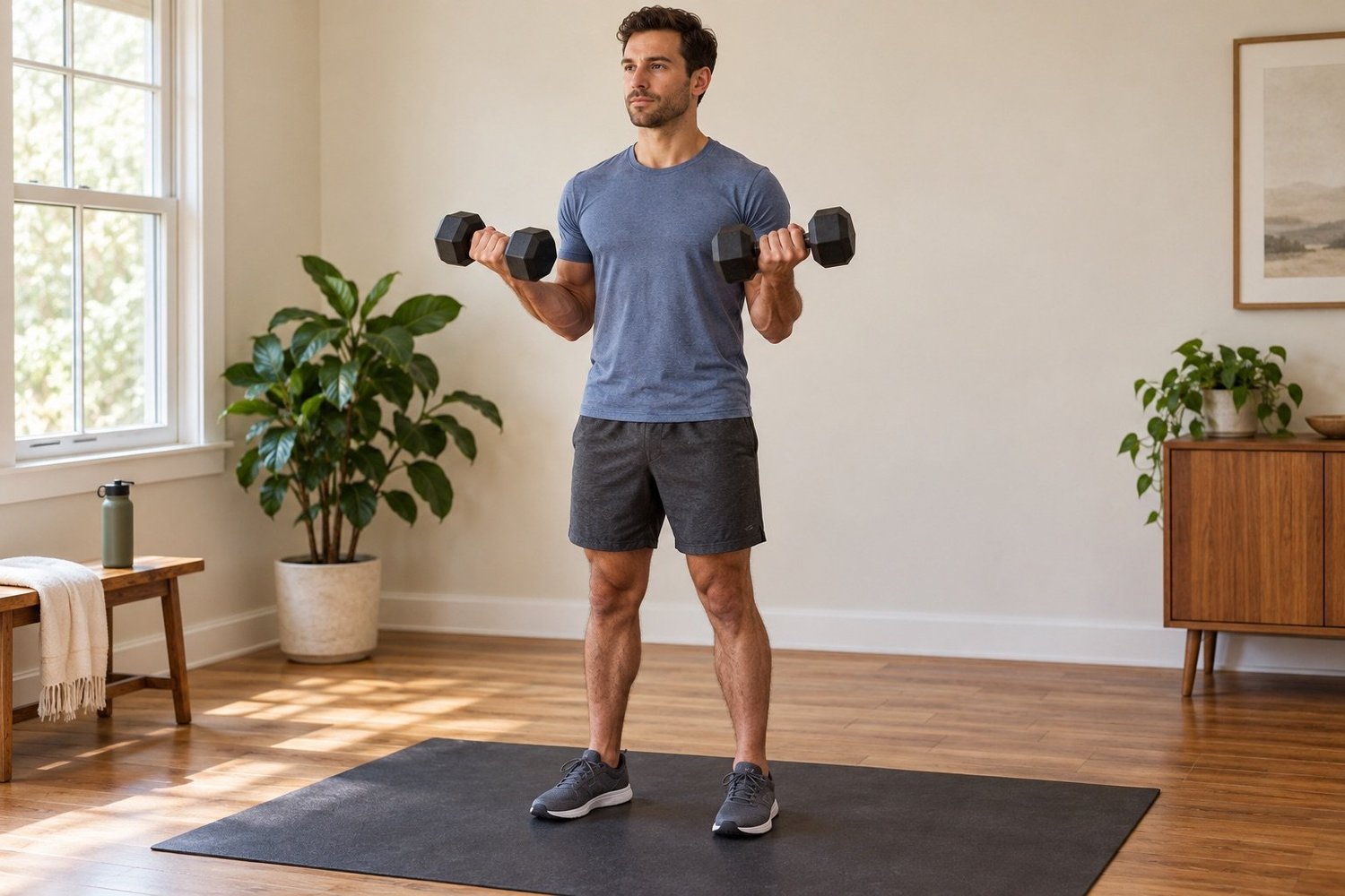 Man performing standing dumbbell curls with a controlled grip in a home workout space