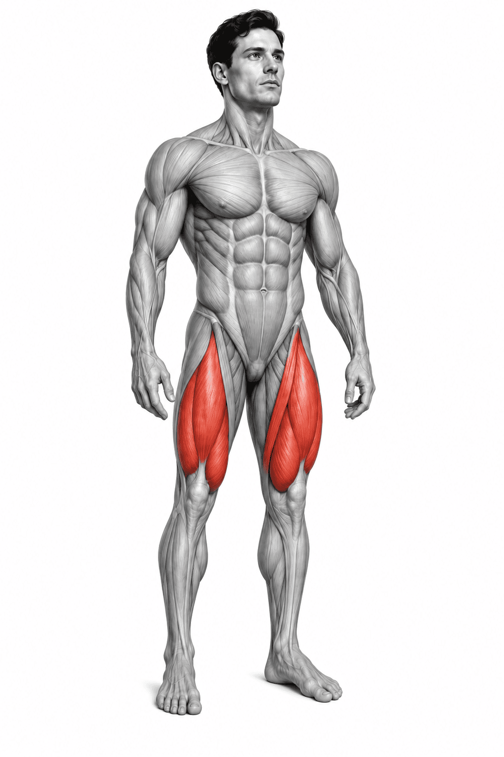 A detailed anatomical illustration of a muscular man with muscles highlighted in black and white, focusing on the thighs which are colored red to indicate the quadriceps muscles.