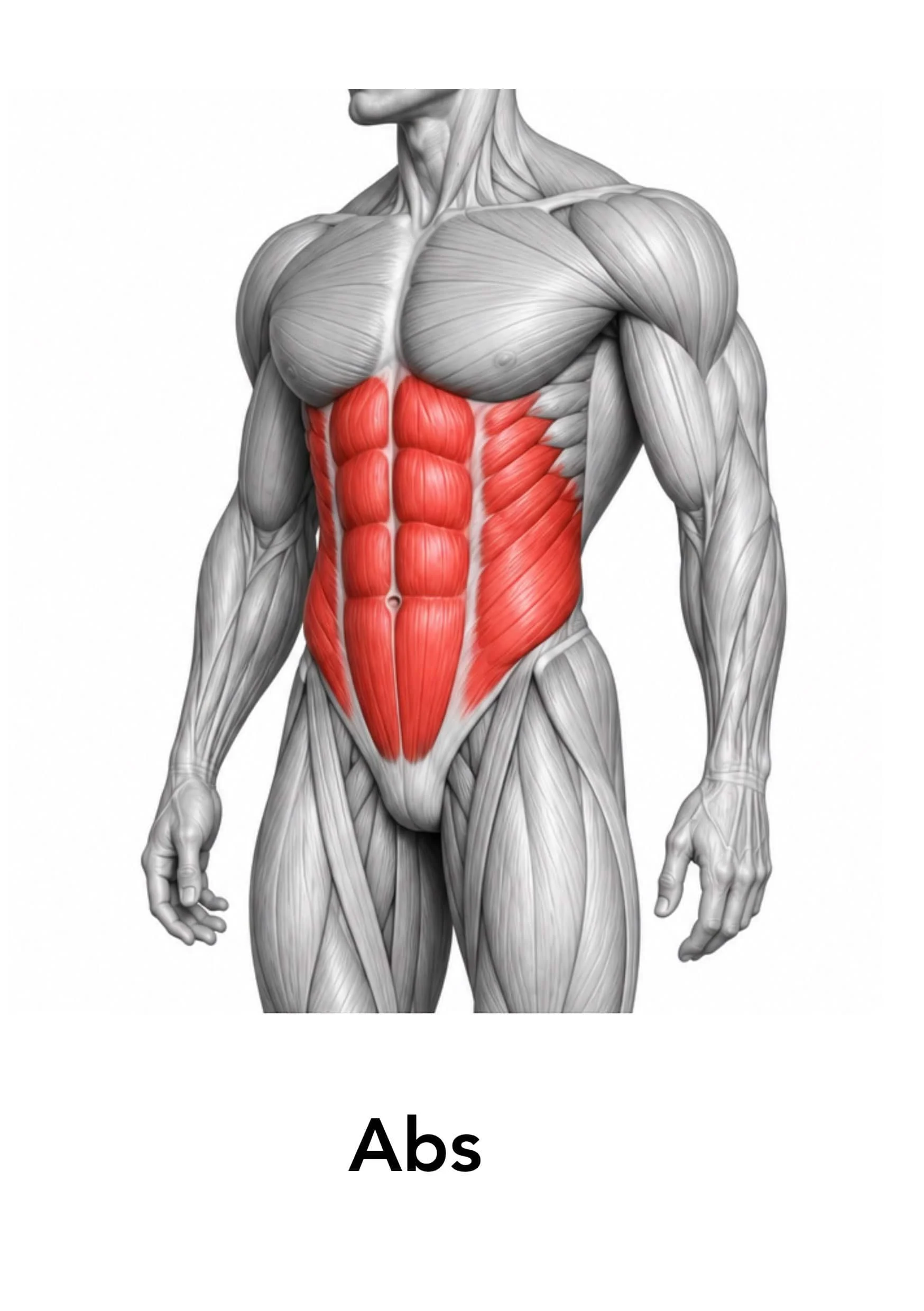 A human muscular anatomy diagram highlighting the abdominal muscles in red, with the word 'Abs' at the bottom.