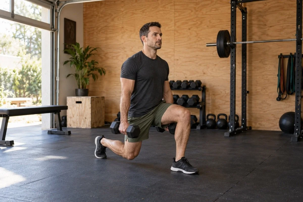 Man performing a stationary dumbbell split squat in a garage home gym.