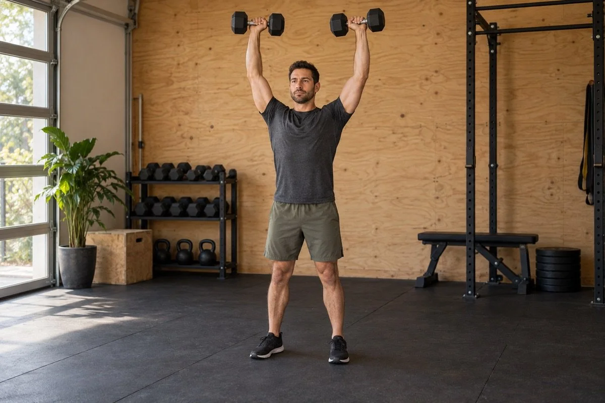 Man performing a standing dumbbell shoulder press in a garage home gym.