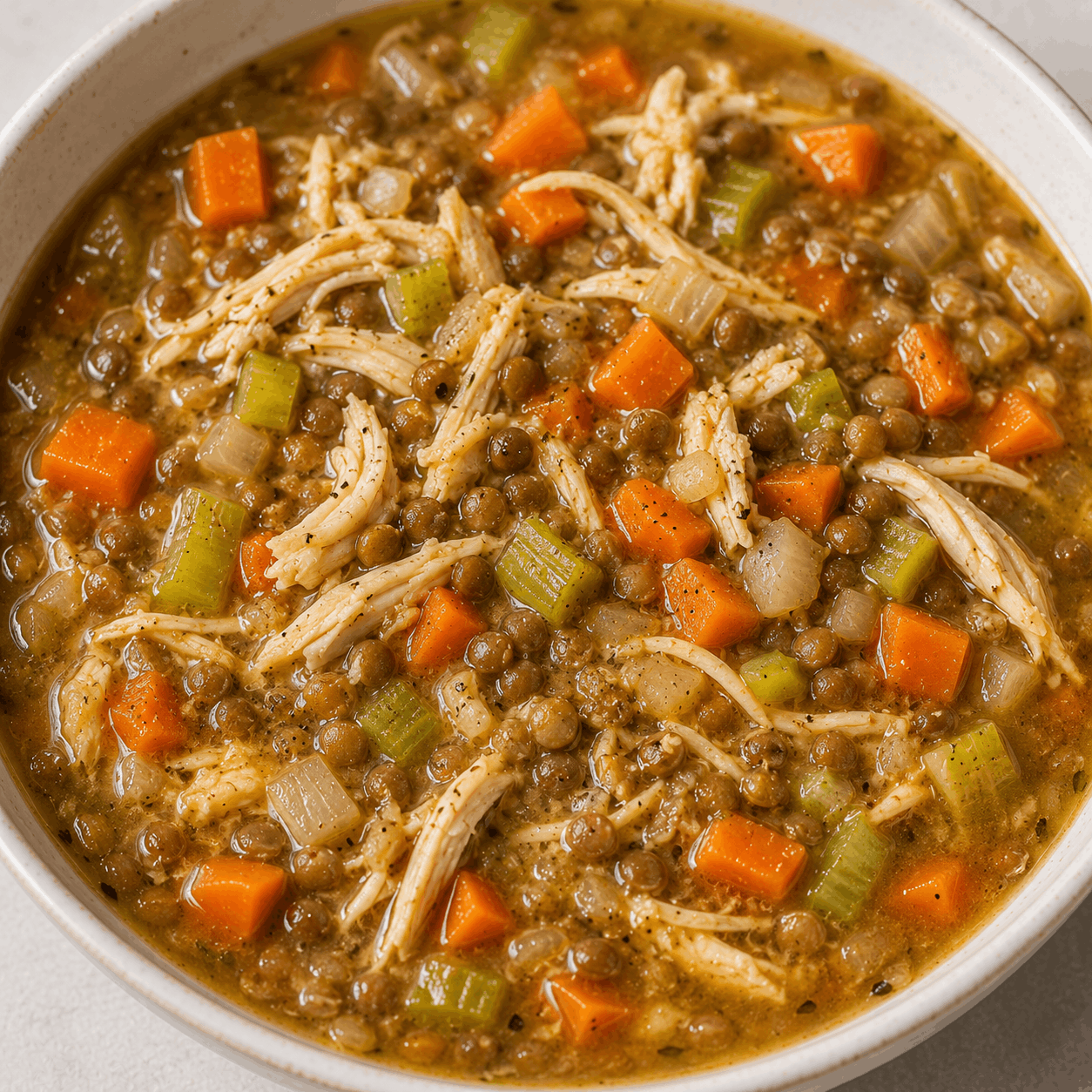 Bowl of high-protein lentil soup made with wholesome ingredients and served as a healthy meal.