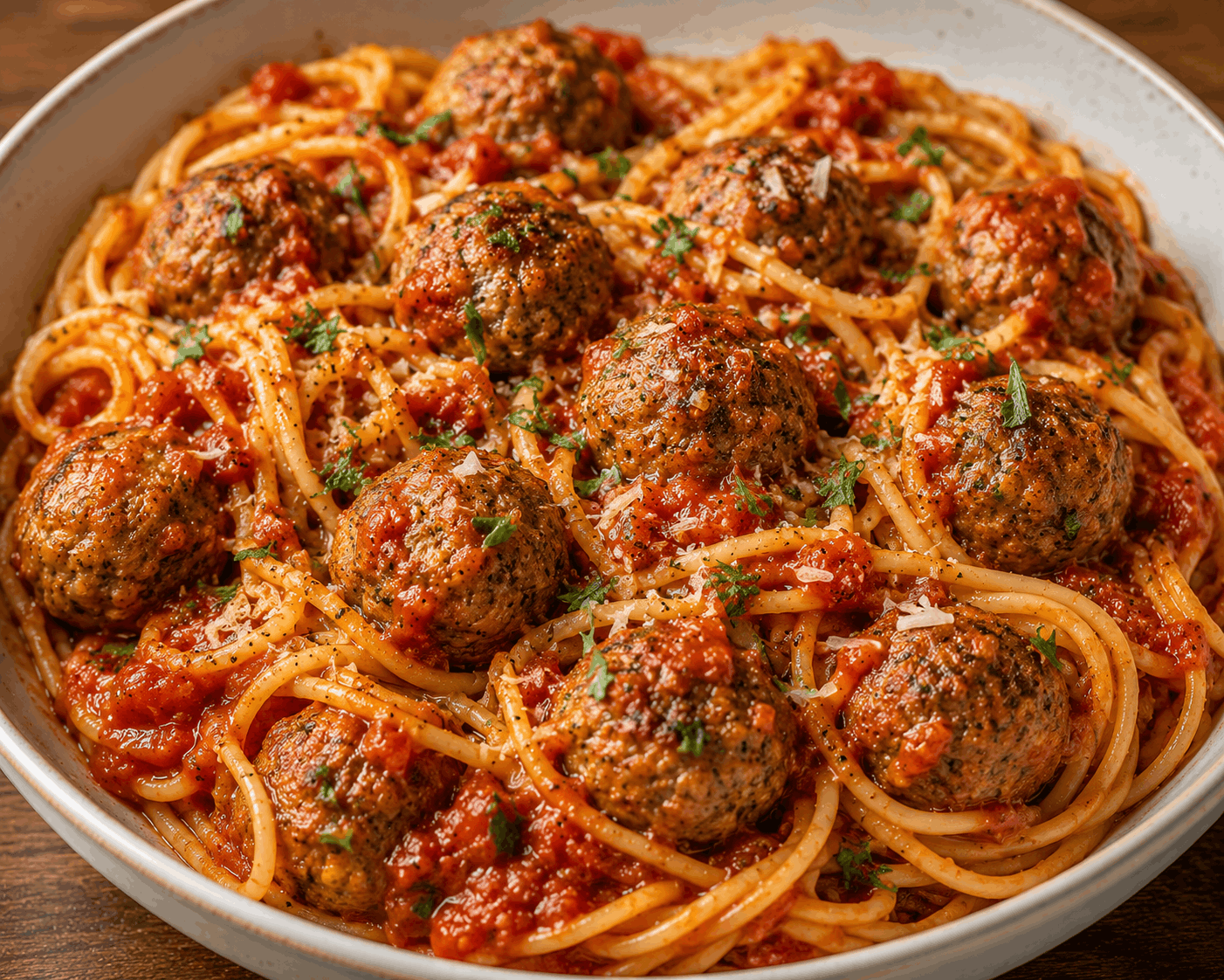 Lean beef meatballs served over pasta as a healthy high-protein meal.