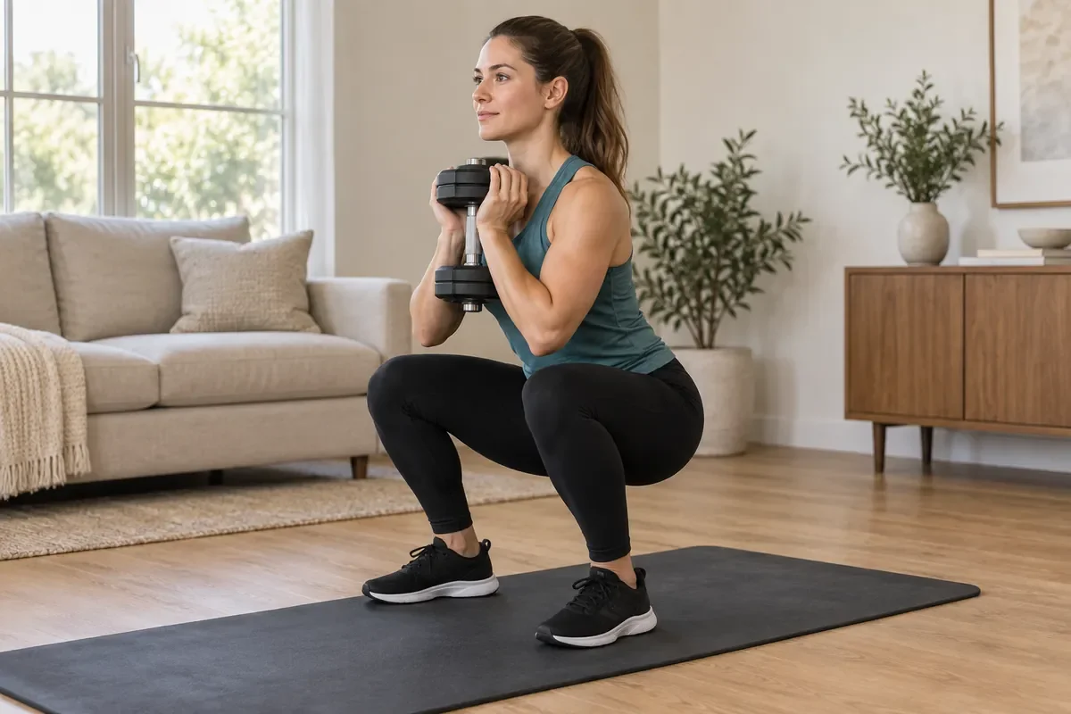Woman performing a goblet squat with an adjustable dumbbell at home.