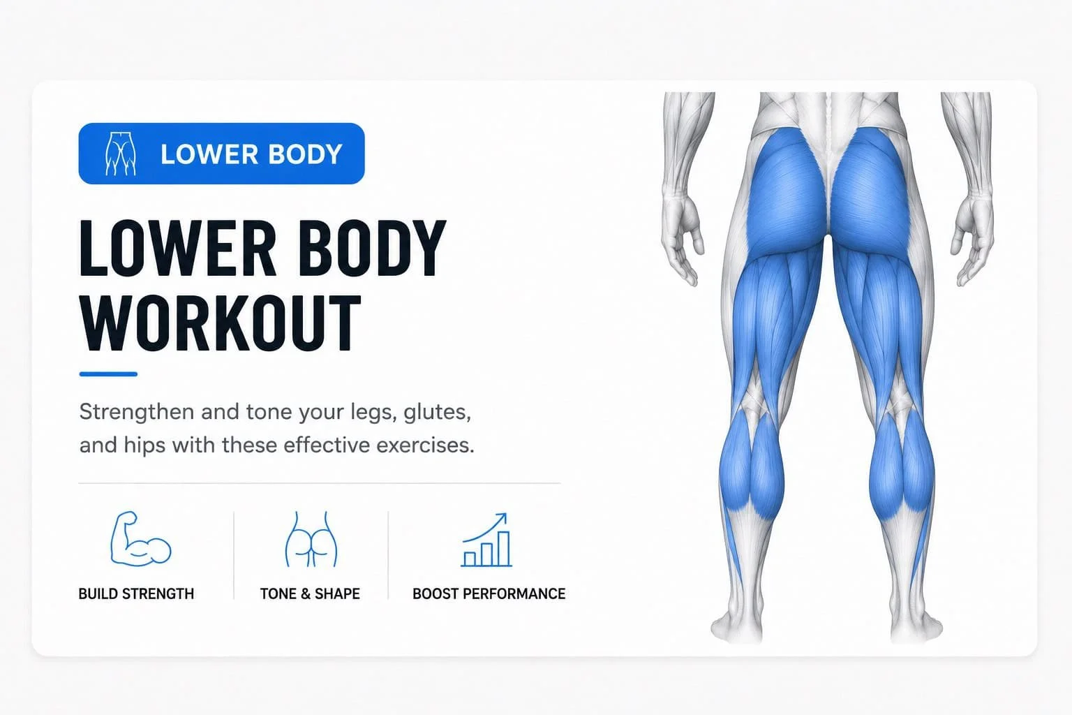 Diagram of a human lower body with muscles highlighted in blue, including legs, glutes, and hips, related to lower body workout