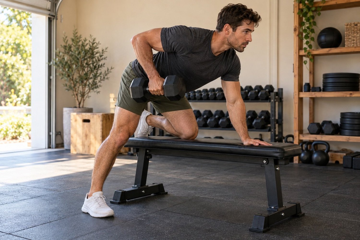 Man performing a one-arm dumbbell row with a hand and knee supported on a bench