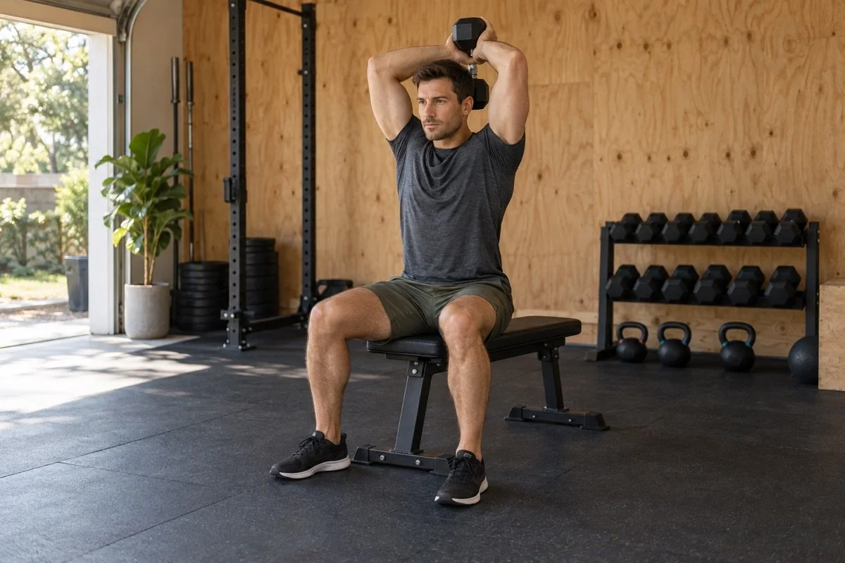 Man performing a seated overhead dumbbell triceps extension in a garage home gym.