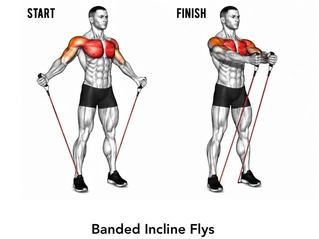 Diagram demonstrating the start and finish positions of banded incline flys, showing a muscular male figure holding resistance bands in both positions, with targeted shoulder and chest muscles highlighted.