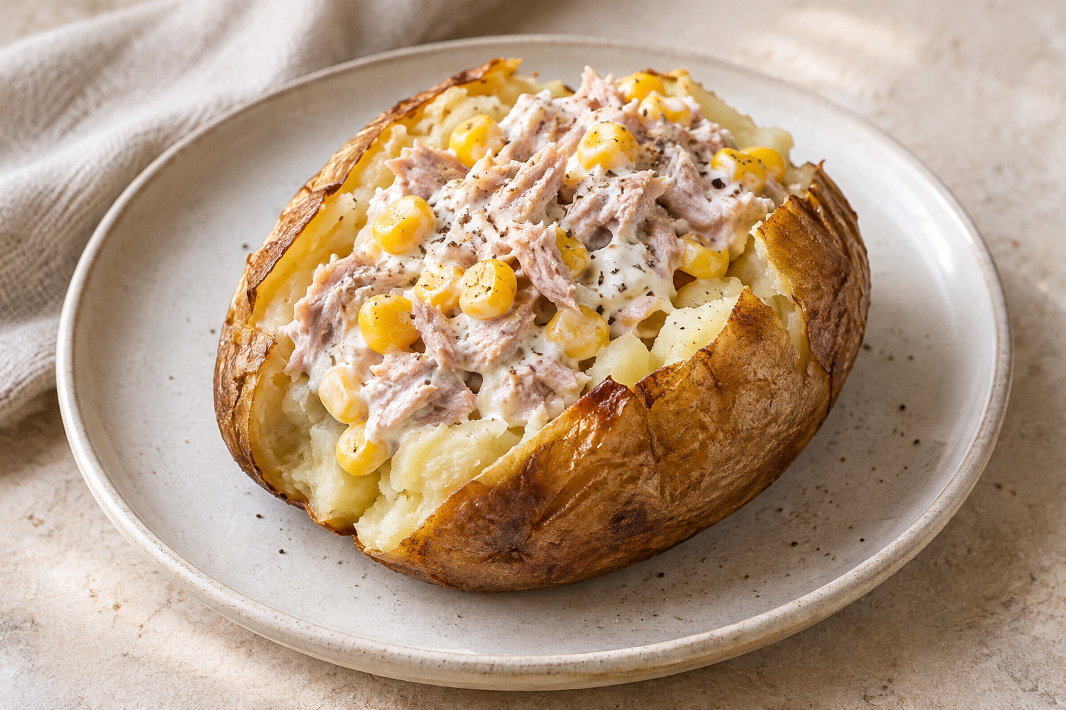 Jacket potato filled with tuna, sweetcorn and creamy yoghurt dressing.