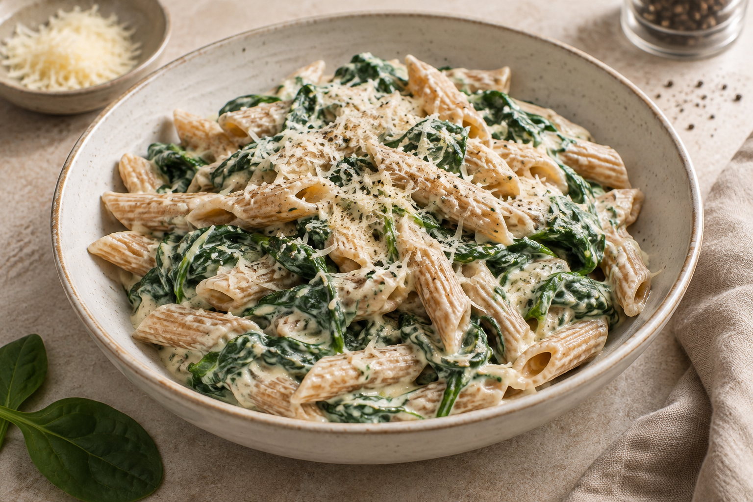 Wholewheat penne with creamy spinach sauce, grated Parmesan and black pepper.