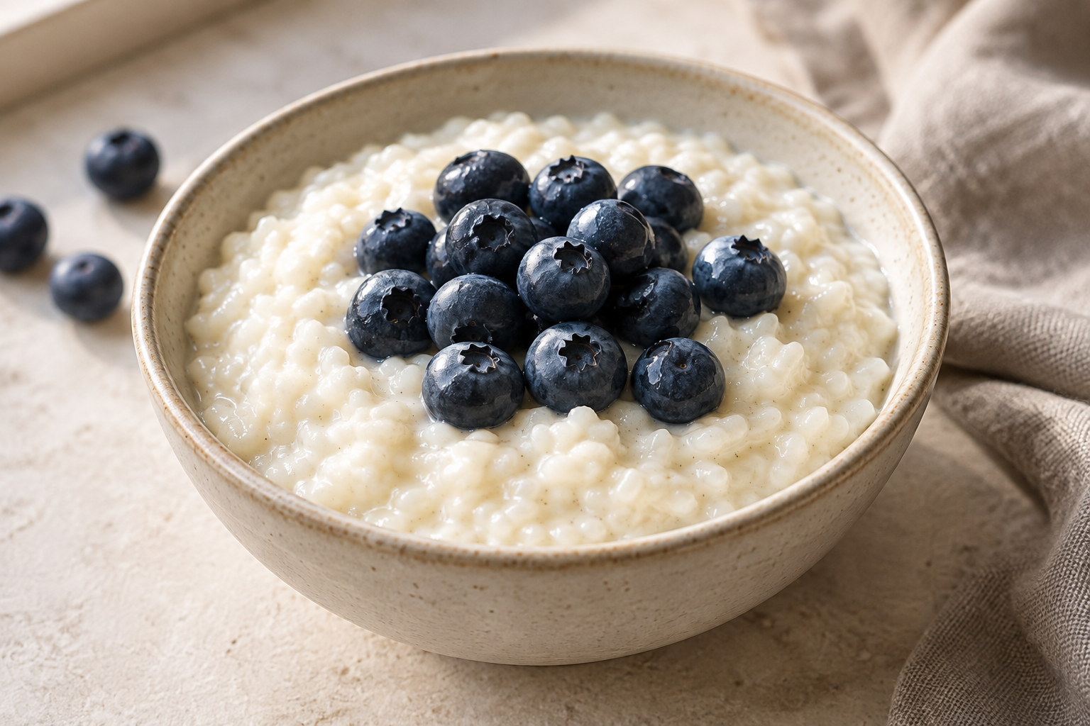 Creamy vanilla protein rice pudding topped with fresh blueberries.