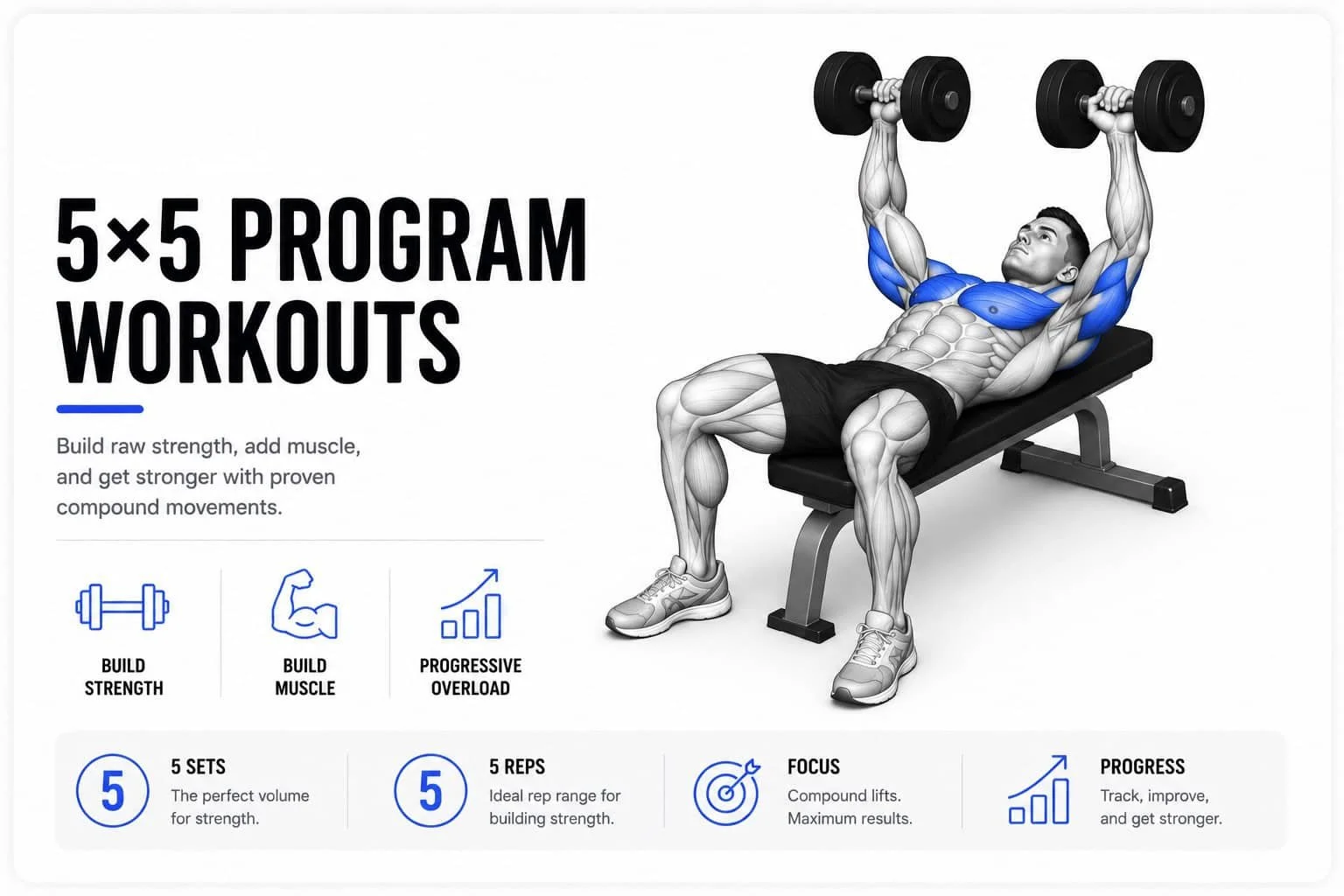 An infographic for a 5x5 program workout plan featuring a muscular man lifting dumbbells on a bench, with text and icons emphasizing strength building, muscle growth, progressive overload, sets, reps, focus, and progress.
