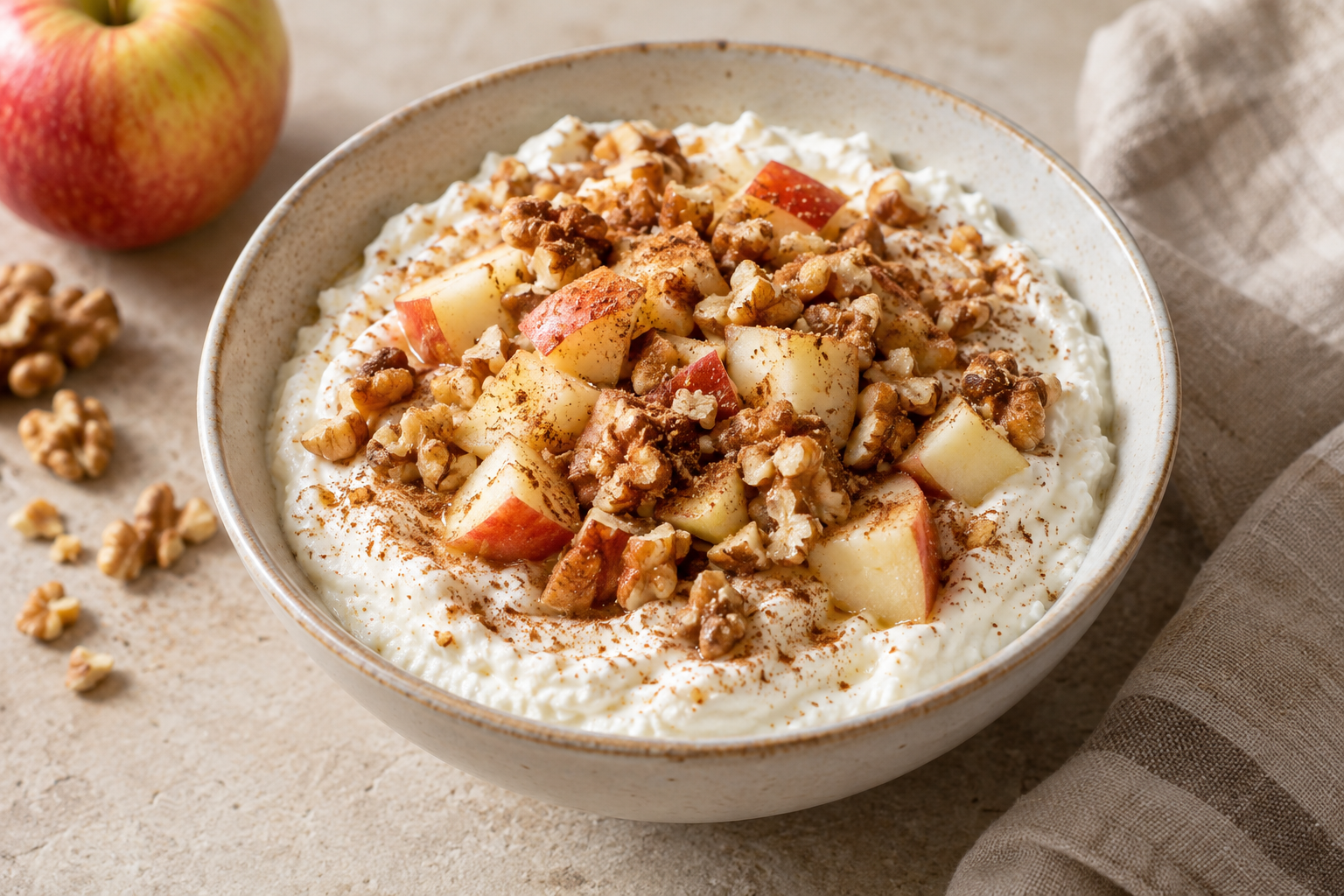 Cottage cheese bowl topped with diced apple, chopped walnuts and cinnamon.