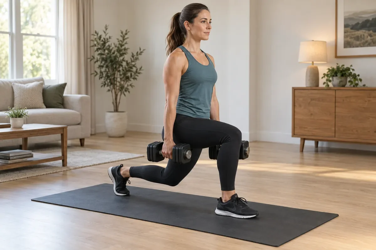 Woman performing a stationary split squat with dumbbells at her sides.