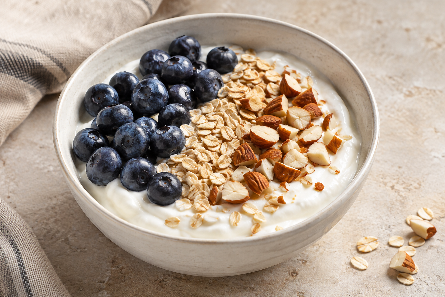 Greek yoghurt topped with blueberries, rolled oats and chopped almonds.