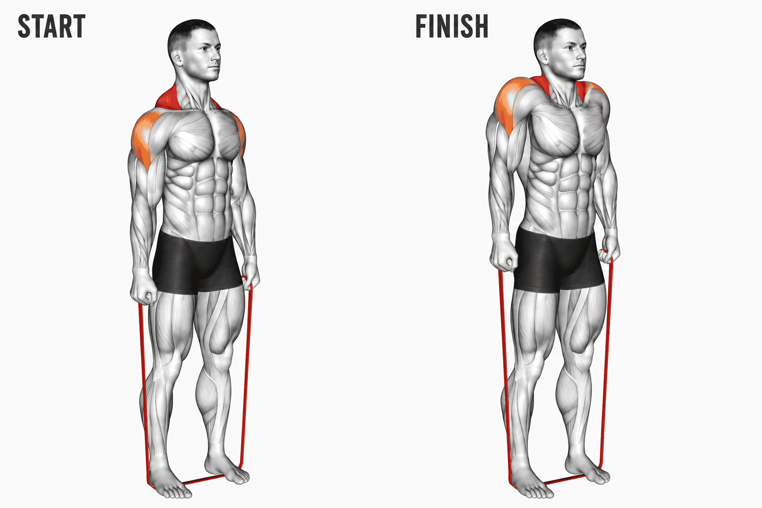 An illustration showing a muscular man performing a banded shrug, with start and finish positions labeled. The image highlights the shoulder muscles, shown in orange, as the key area engaged during the movement.