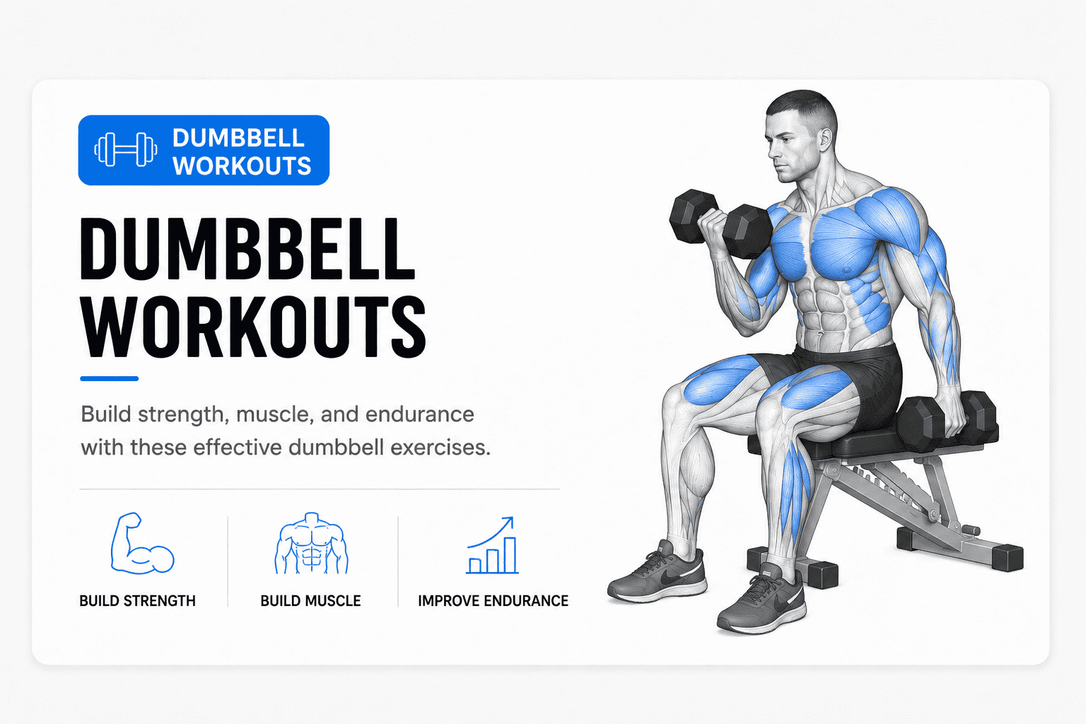 An illustration of a muscular man sitting on a bench, lifting dumbbells with blue highlights on his muscles, promoting dumbbell workouts for strength, muscle building, and endurance.