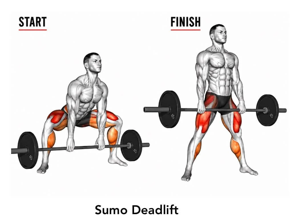 Illustration showing the starting and finishing positions of a sumo deadlift exercise, highlighting the muscles worked in red, including the legs, glutes, and lower back.