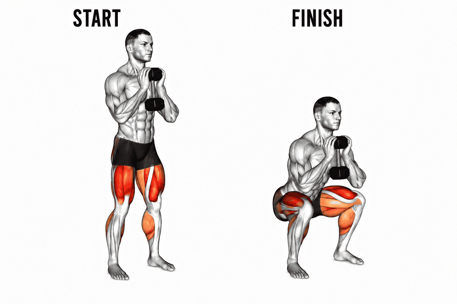 Illustration of a man performing a goblet squat, with muscle groups highlighted. The exercise starts with the man standing and lifting a dumbbell, then squats holding the dumbbell. The image shows the transition from starting to finishing position.