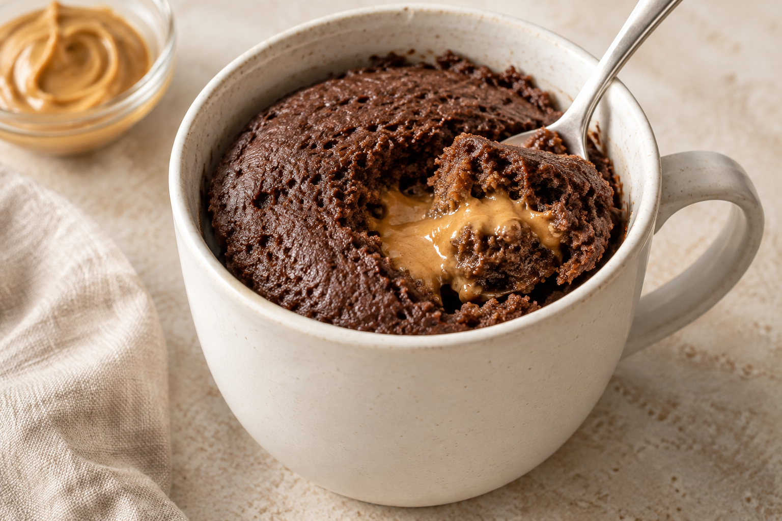 Chocolate protein mug cake with a spoon revealing its peanut butter centre.