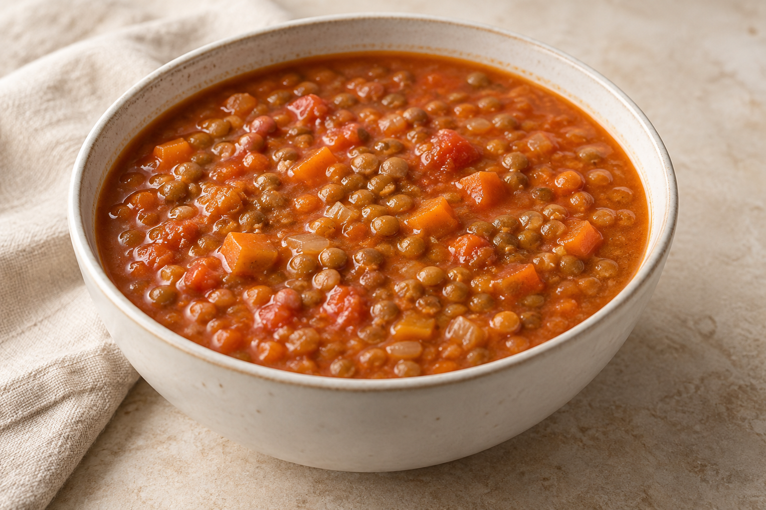 Tomato and lentil soup with visible lentils and diced carrot.