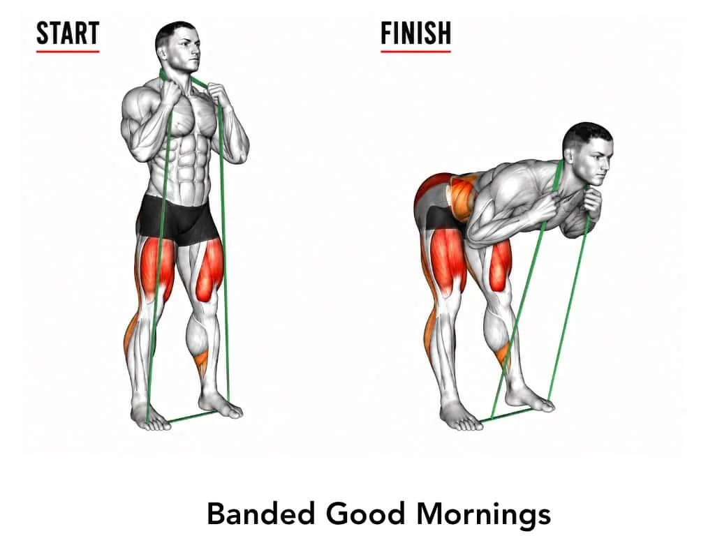 Illustration showing the start and finish positions for a banded morning workout exercise, highlighting muscle groups worked.