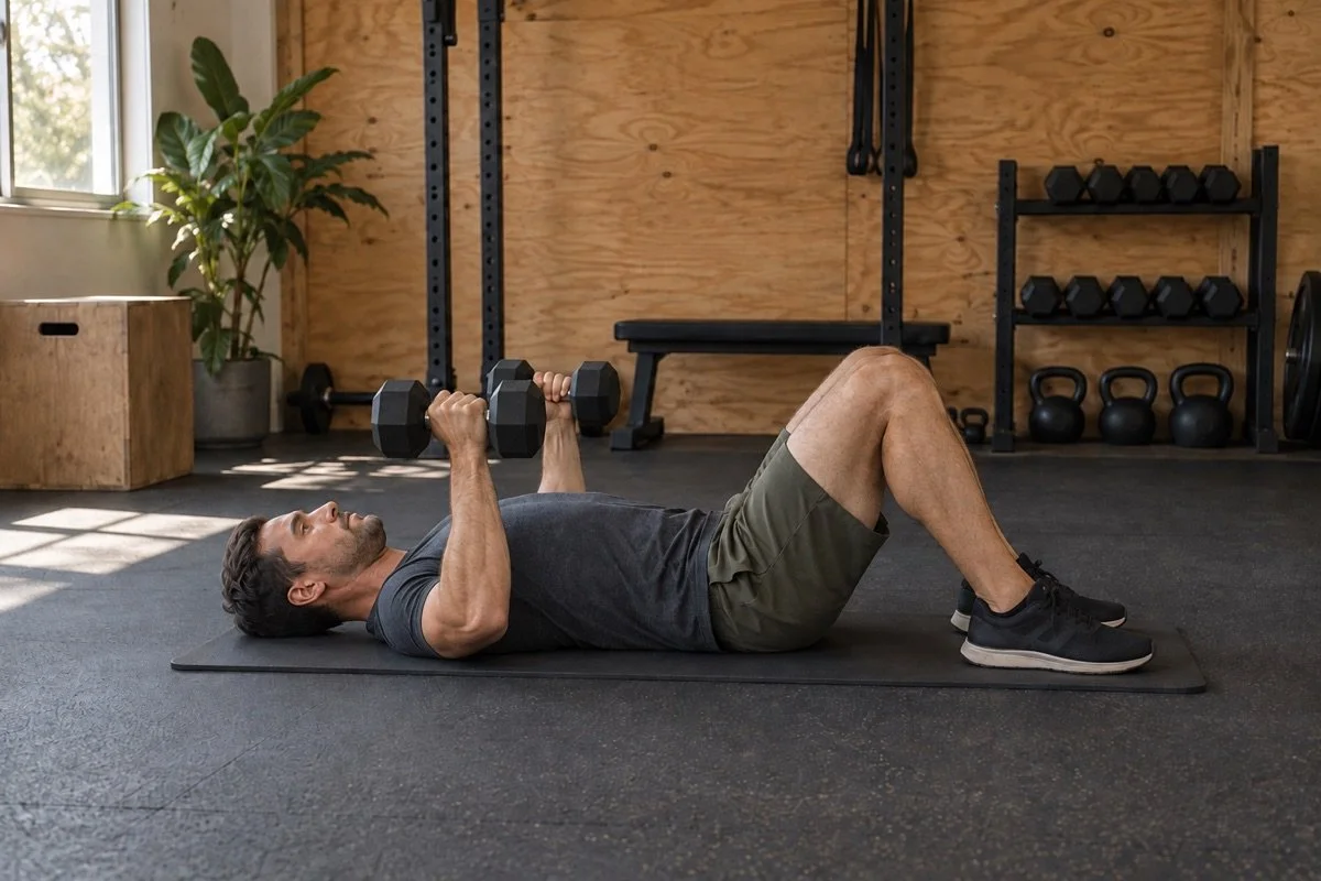 Man performing a dumbbell floor press with straight wrists and palms facing inward.