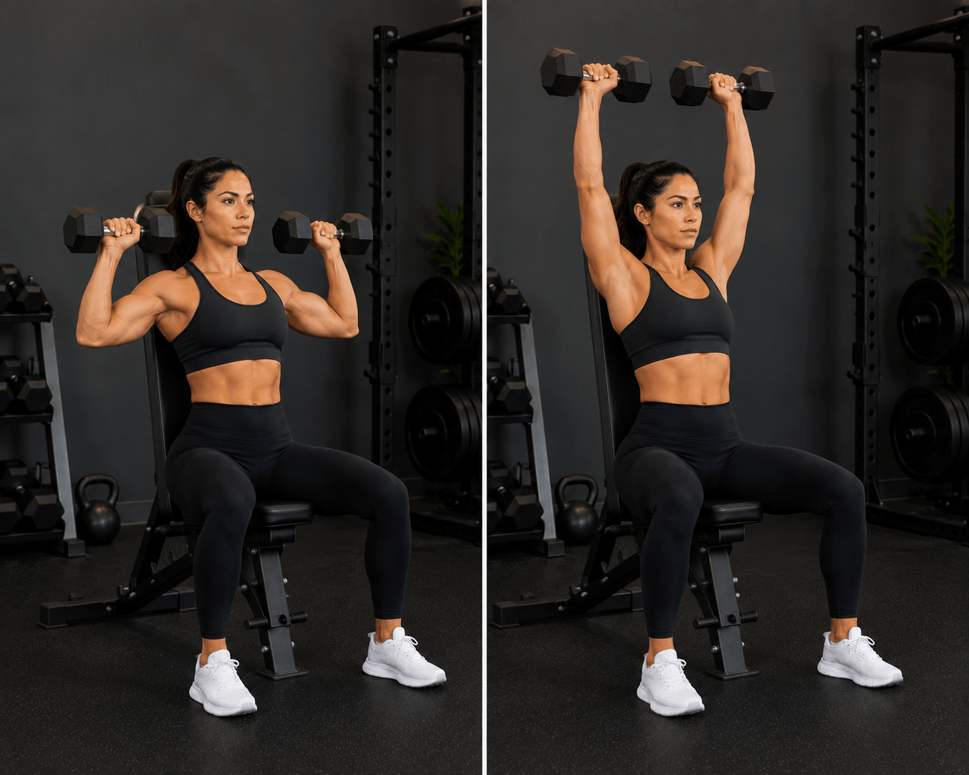 A woman is sitting on a bench in a gym, performing a shoulder exercise with dumbbells. She is sitting upright with her arms bent, holding dumbbells at shoulder level. In the second part of the image, she lifts the dumbbells overhead. The gym has black walls, weights, and gym equipment in the background.