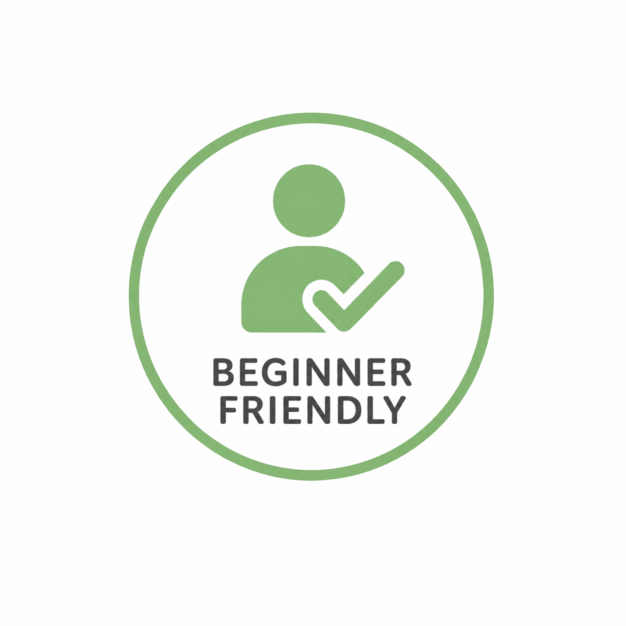 Green circle badge with an icon of a person and a checkmark, labeled 'Beginner Friendly' in black text.