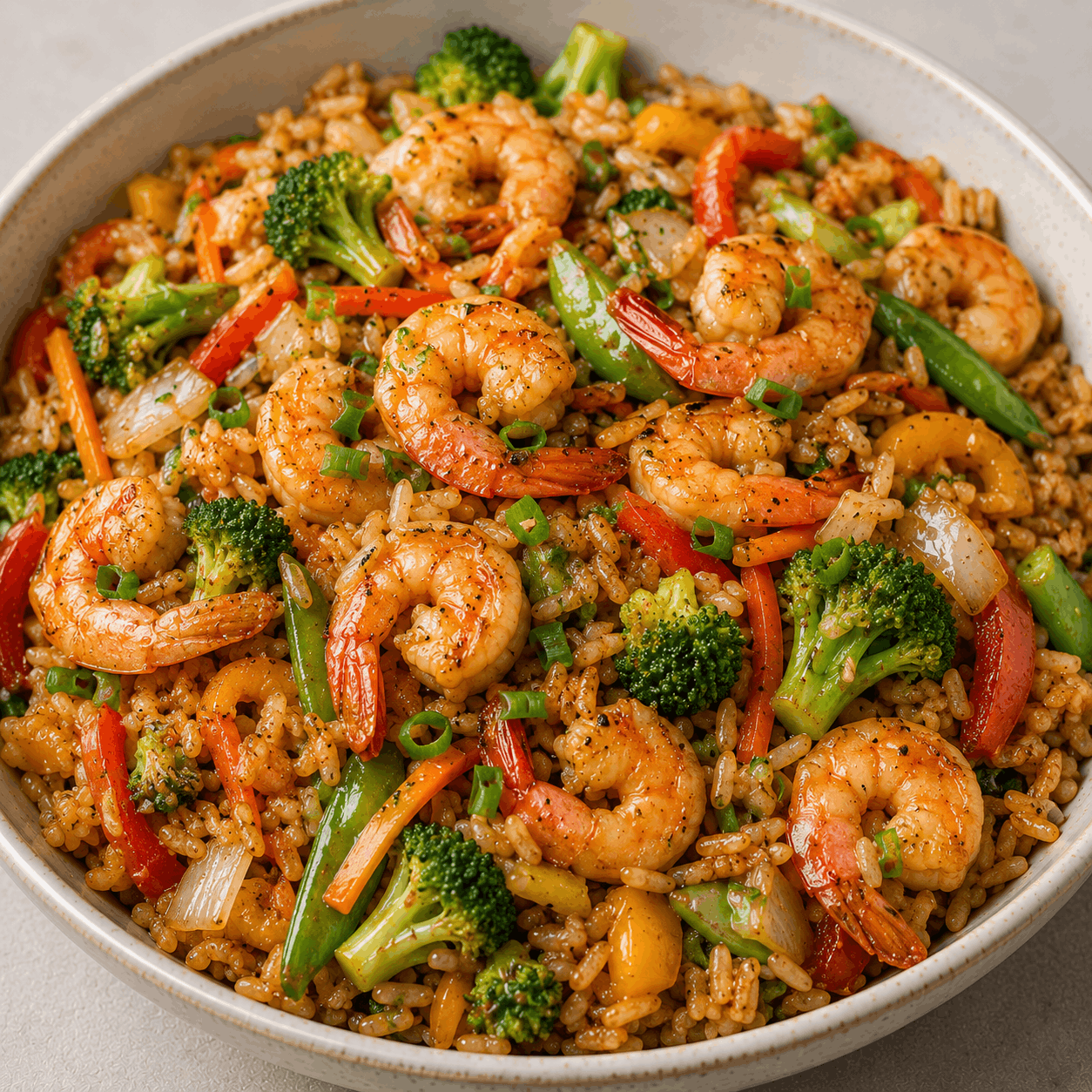 Shrimp stir fry with fresh vegetables served as a healthy high-protein meal.