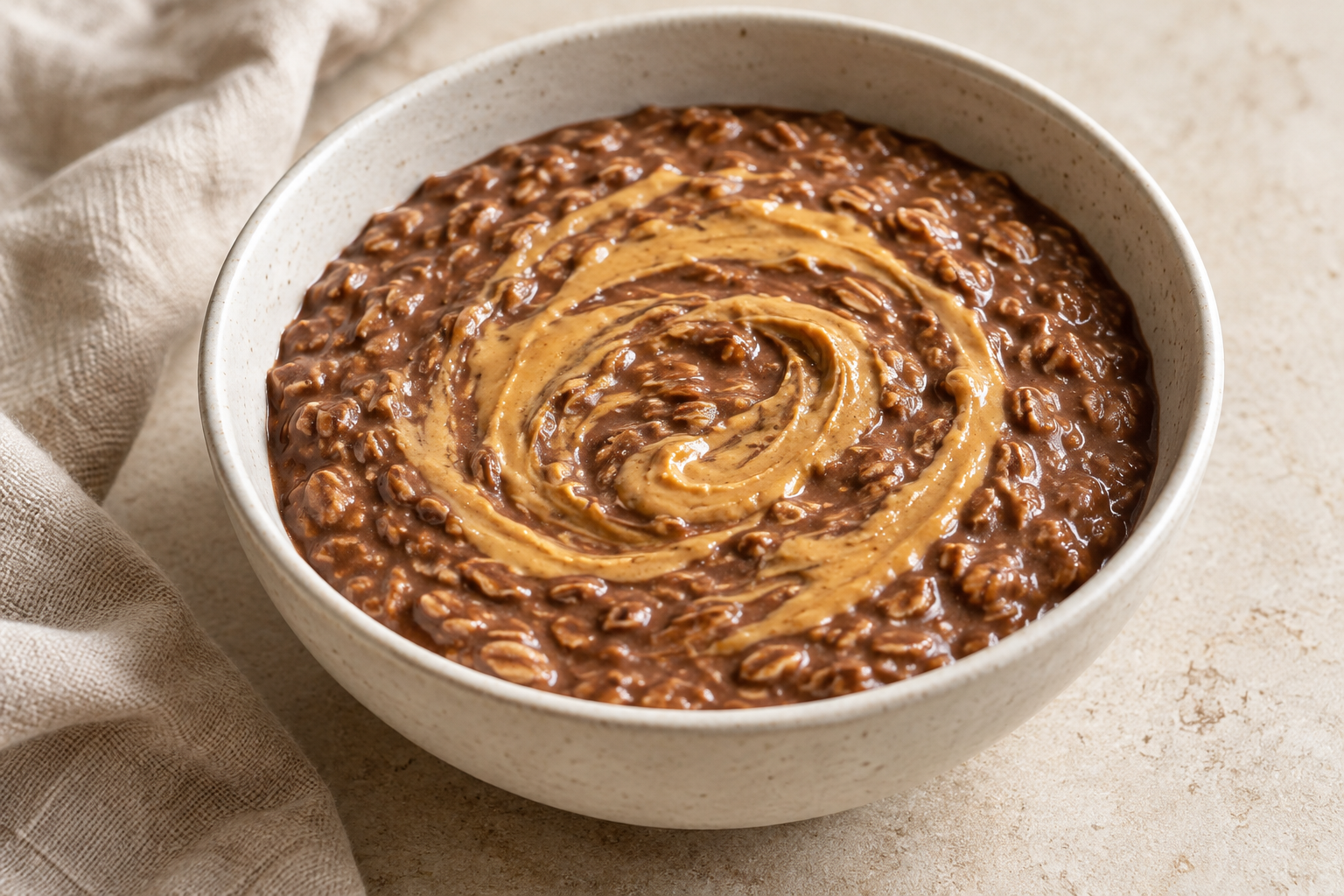 Chocolate protein porridge with a peanut butter swirl in a ceramic bowl.