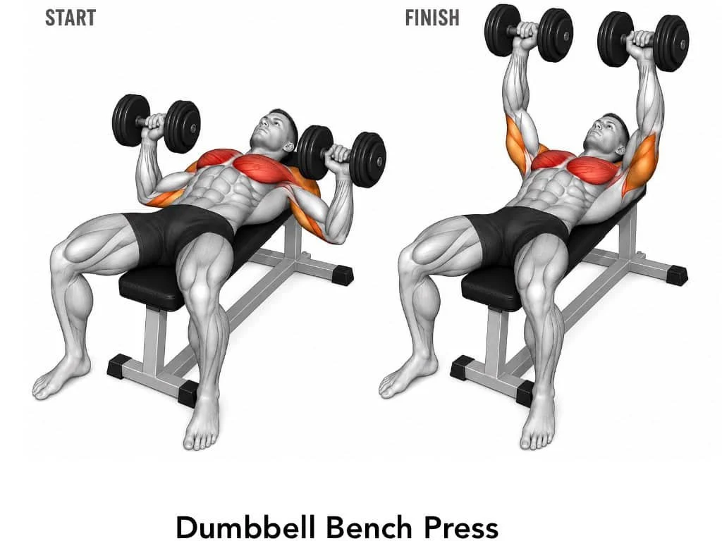 Diagram showing a man performing a dumbbell bench press exercise, demonstrating the start and finish positions, highlighting the chest, shoulder, and arm muscles.