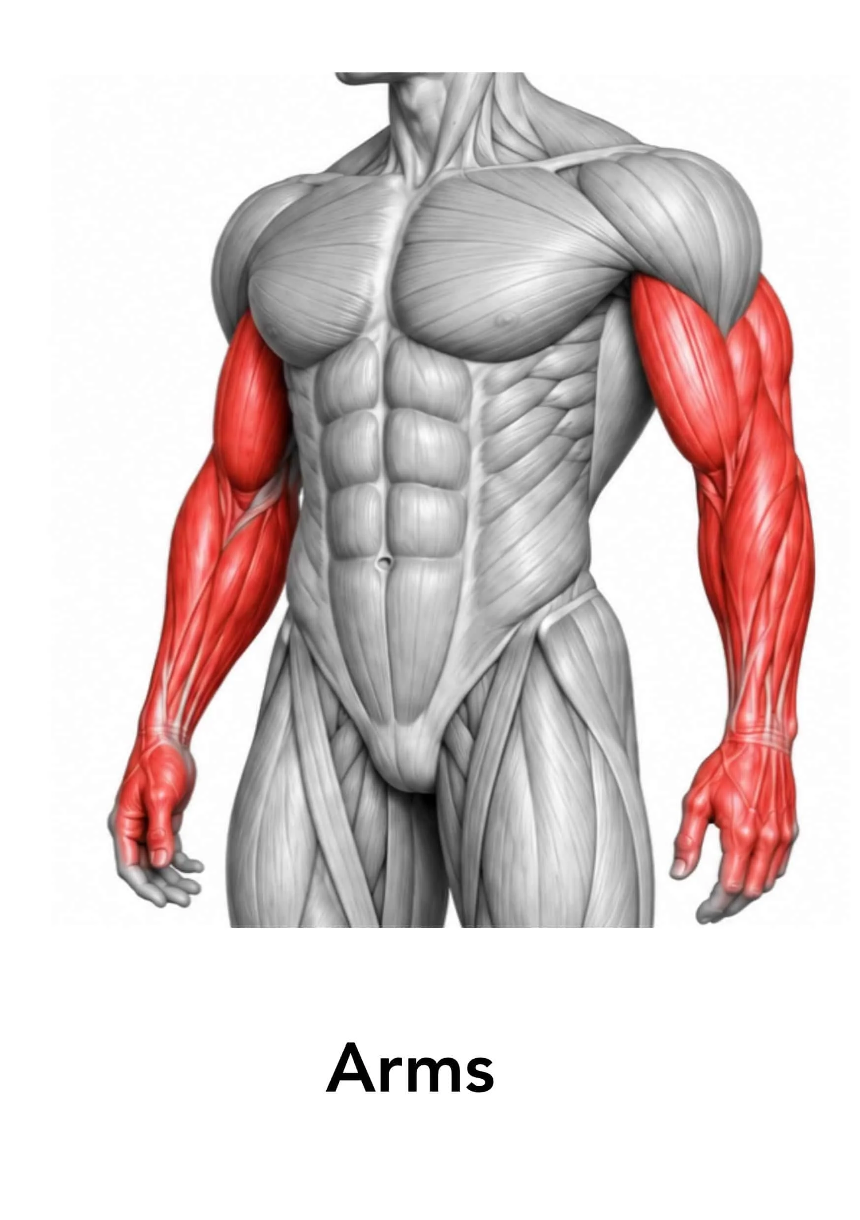 An anatomical illustration of the human arms showing the muscles in red, with a focus on muscular structure and placement.