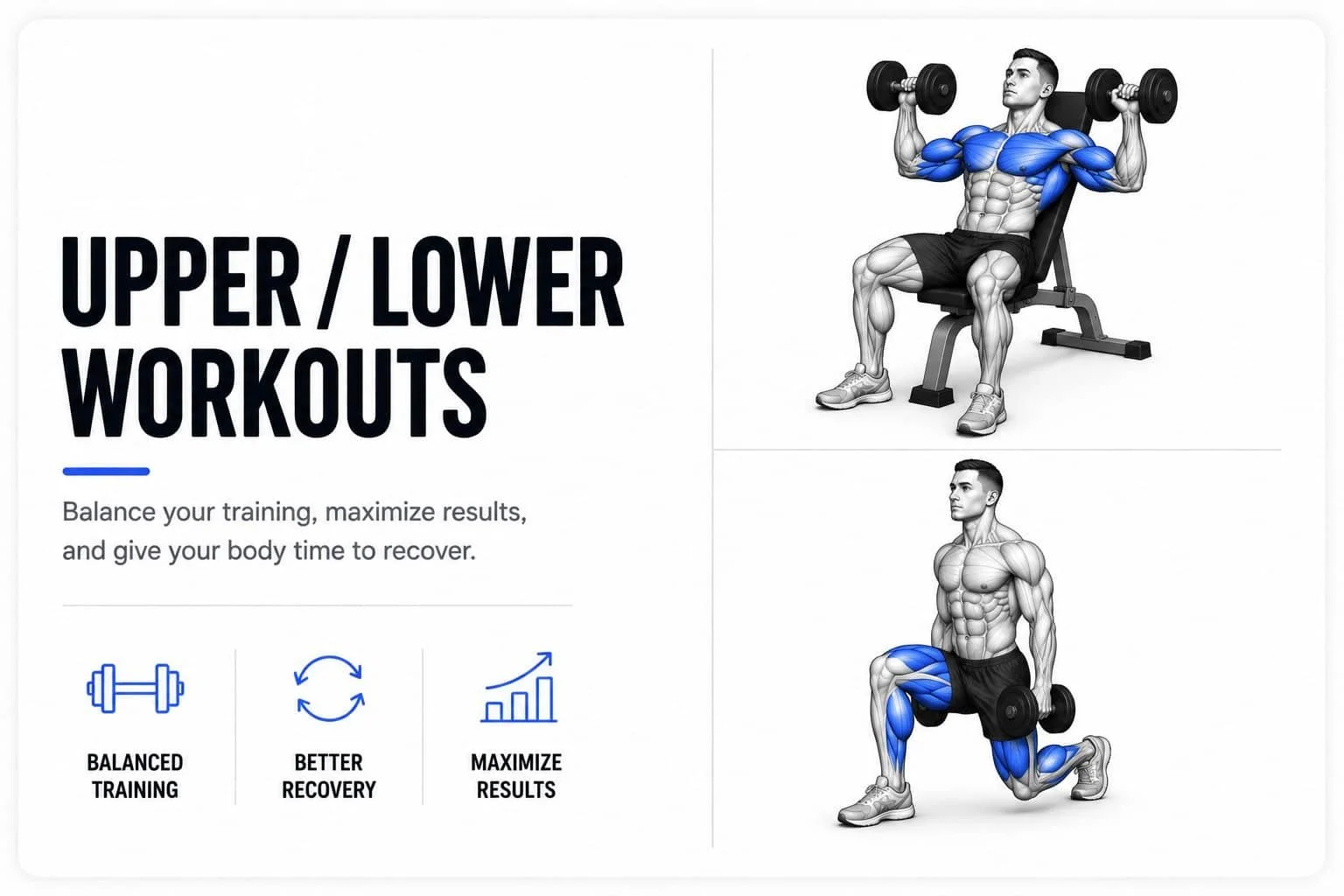 Illustration of upper and lower body workouts with images of men lifting weights, emphasizing muscle groups in blue, alongside text about balanced training, recovery, and maximizing results.