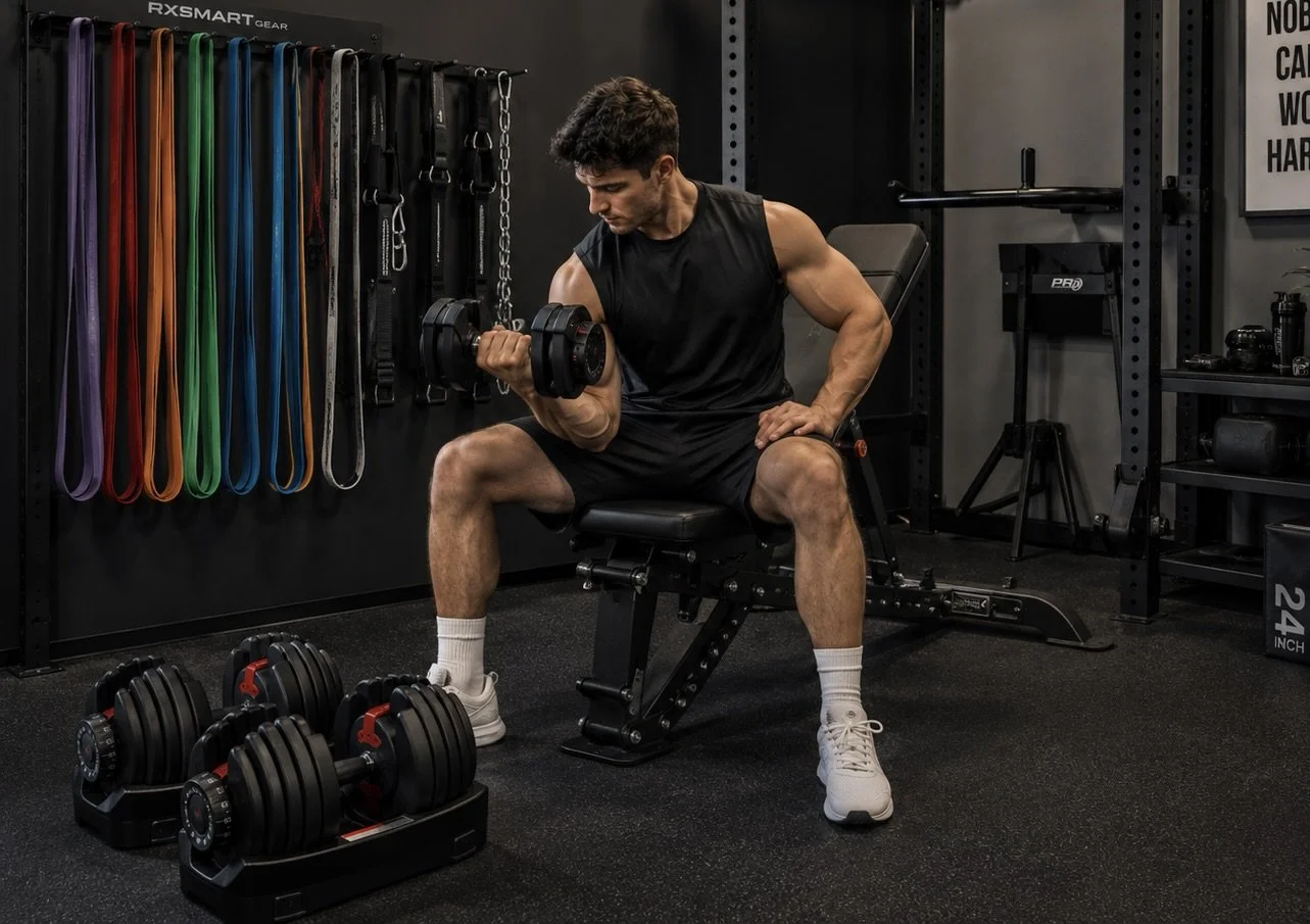 A man performing a bicep curl exercise with dumbbells in a gym, seated on a workout bench, with various resistance bands hanging on a wall behind him.
