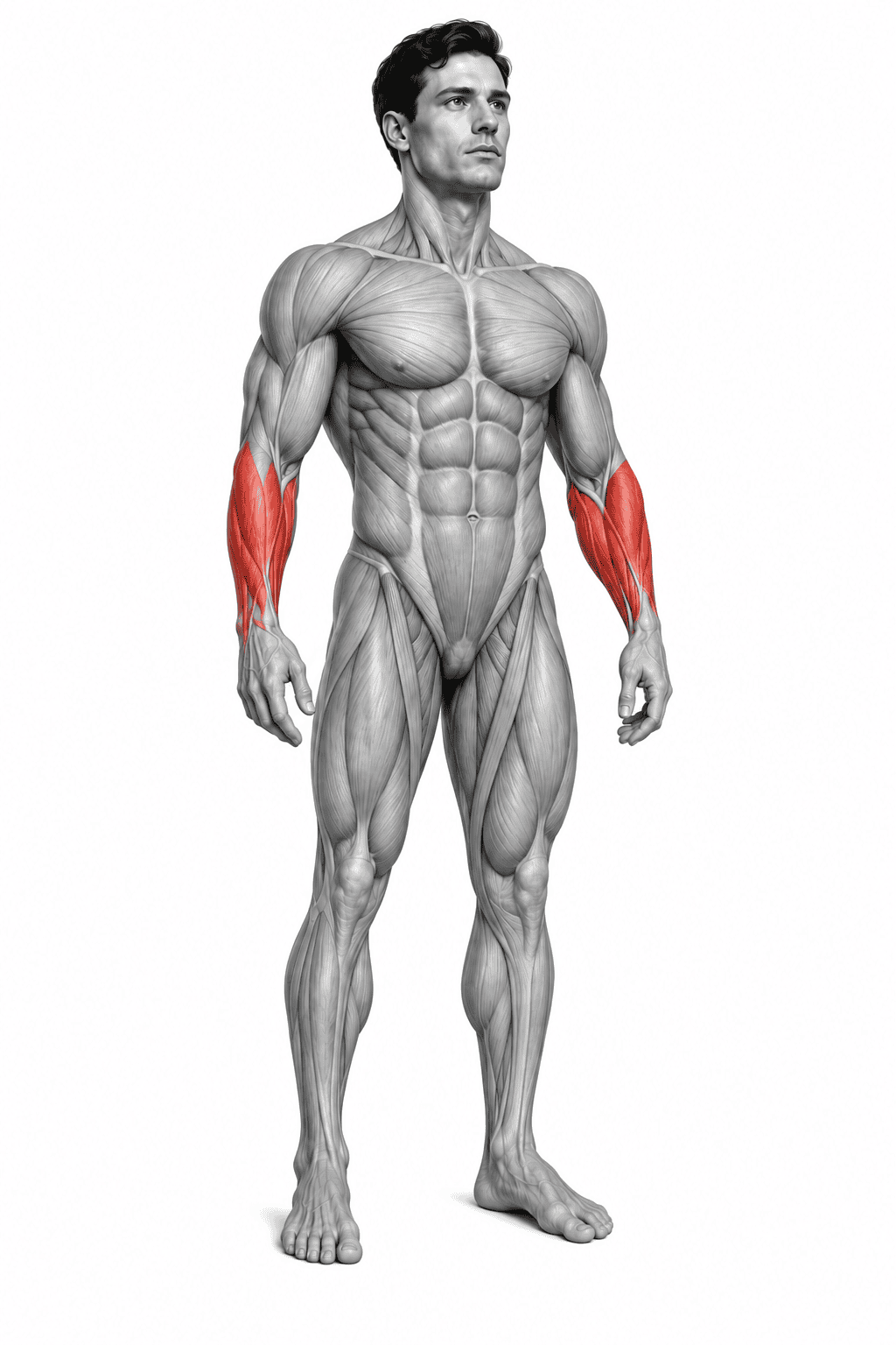 Diagram of a muscular male human figure with the forearm muscles highlighted in red.